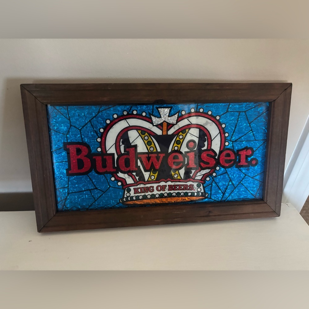 Vintage Budweiser King of Beers Crown Foil Wood Framed Sign